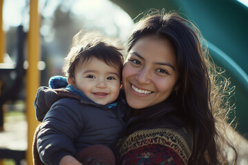 portrait of a smiling hispanic mother with child son happy toddler wearing coat large smile, on a playground closeup shot of latino american family outdoors sunlight laughing happiness cheerful