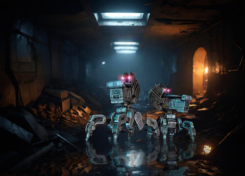 Industrial robots investigating tunnel, illustration