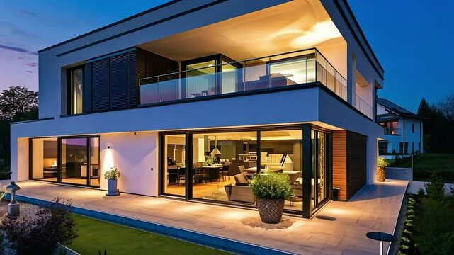 Stunning Modern Home with Large Glass Windows, Elegant Garden, and Contemporary Architecture in a Tranquil Suburban Neighborhood