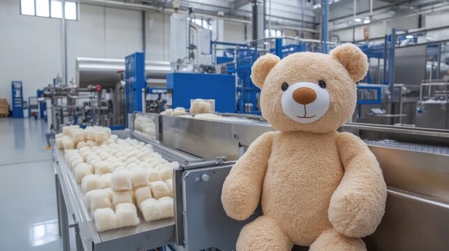 A soft toy bear is placed next to the production line in a factory manufacturing process