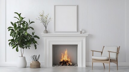 Scandinavian living room fireplace mantle interior with blank frame mock up on wall with minimalist furniture chair plant white