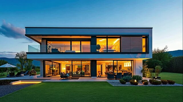 Modern Luxury House with Floor-to-Ceiling Windows and Elegant Outdoor Living Space - Contemporary Architectural Design in a Suburban Setting.