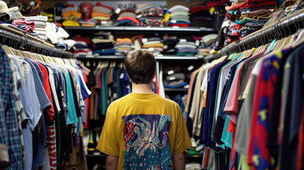 Fototapeta premium A person choosing second hand T-shirt in a second hand clothing store.