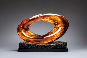 An abstract sculpture made from amber, with smooth, flowing lines that capture the warmth and fluidity of the material