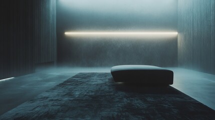 A dark room with a blue carpet and a black couch