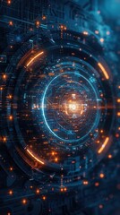 Fototapeta premium Futuristic digital interface with glowing circular patterns in blue and orange, representing advanced technology and data visualization.