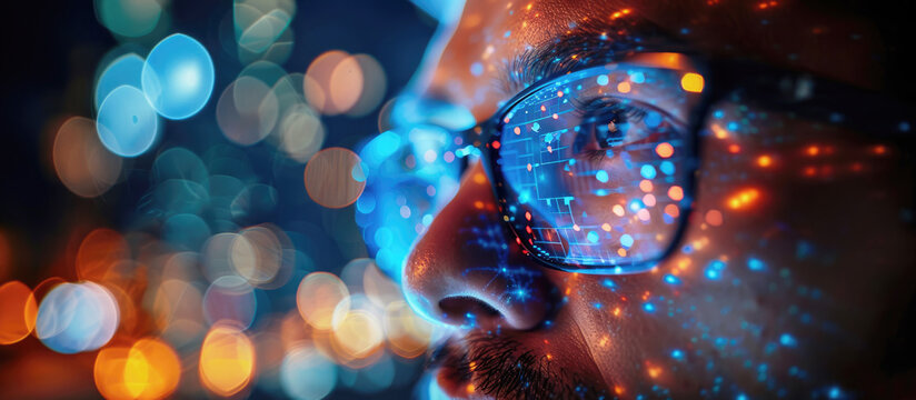 Close-up of a man's face illuminated by colored digital data and code reflections in glasses. Futuristic high tech atmosphere illustrating the theme of technology and innovation. Banner.