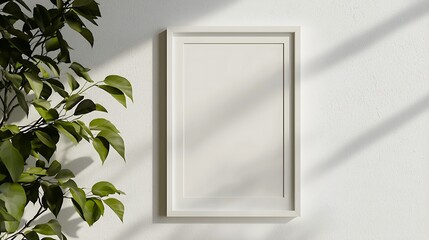 White rectangular vertical frame hanging on a white wall mockup