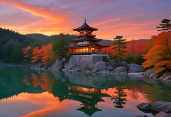 Obraz premium A traditional Japanese temple or shrine perched atop a tall, rocky cliff overlooking a dramatic sunset landscape with a glowing orange sky and reflective water below