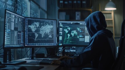 The hacker at computer workstation