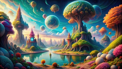 Fototapeta premium Surrealist Dreamscape Landscape: Bizarre, unexpected elements, distorted perspective, dreamlike colors, subconscious concept.