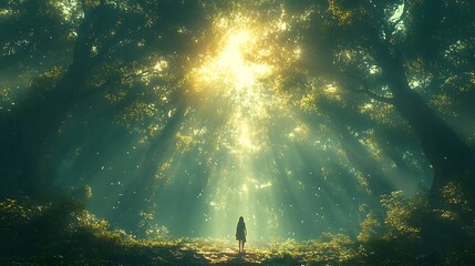 A lone figure stands in a sunlit forest, surrounded by towering trees and dappled light.