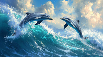 Fototapeta premium Two Dolphins Leaping Through the Waves