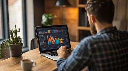 A small business owner sitting at a wooden desk, analyzing colorful graphs and charts displayed on a laptop screen, with a cup of coffee nearby. 
