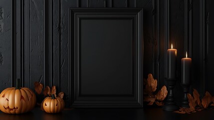 Obraz premium Halloween frame mockup, Black verical frame on the black wall with candle, 3d render