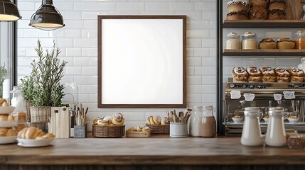 Mockup blank wall frame with bakery background