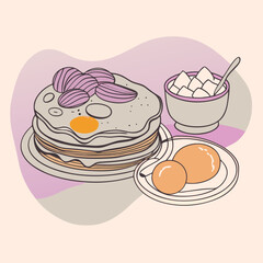Morning Feast Pancakes, Bacon, Eggs and Fruit vector