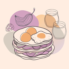 Morning Feast Pancakes, Bacon, Eggs and Fruit vector