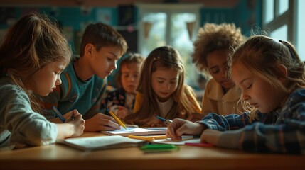 Fototapeta premium School kids work together on a class project