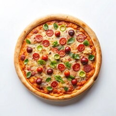 Tasty pizza with fresh ingredients on a white background