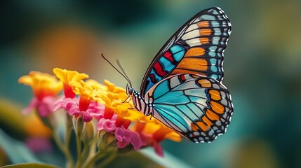 Fototapeta premium Colorful butterfly resting on a flower perfect for nature-themed wallpapers and vibrant background images