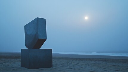 A sculpture of two cubes is on a beach at night