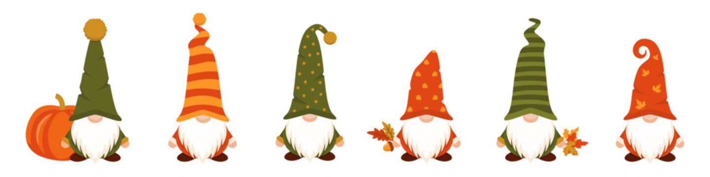 Autumn gnomes with pumpkin and leaves in hands. Magic harvest characters with yellow leaf and acorn in hand in hat covering his eyes with white beard as festive scandinavian symbol of garden