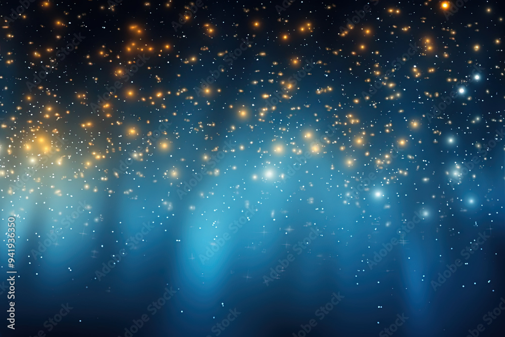 Poster Blue background with silver and gold snowflake particles and blurred bokeh sparkles
