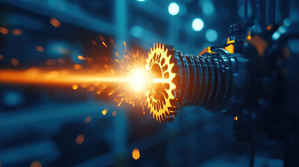 Close-up view of a grinding machine processing a metal gear wheel sparks flying in a factory workshop technical precision manufacturing