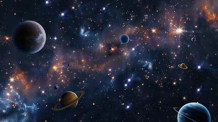 Space, with lots of stars, many planets