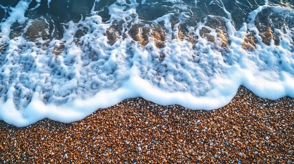 Pebbly shore, white-crested waves.