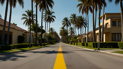 Fototapeta premium Bright Yellow Line Dividing the Street from Palm Trees, Vibrant Contrast in a Scenic Urban Setting