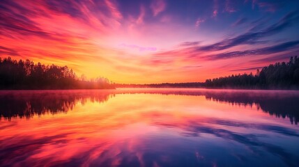 colorful sunrise over a lake with the reflection of the sky mirrored