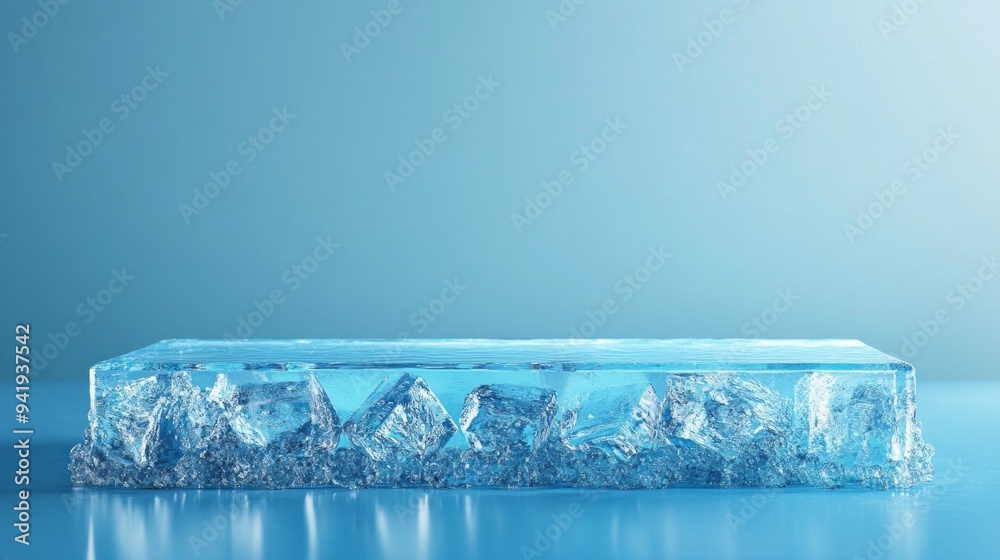 Aufkleber a blue background with a clear glass slab with ice cubes on it