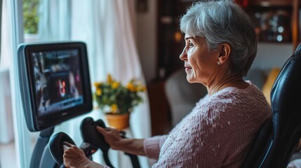 Middle-aged woman staying fit watching TV