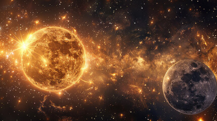 Obraz premium a captivating scene of sun and moon space. The background is a deep, rich cosmic black, sprinkled with twinkling stars of various sizes and brightness.