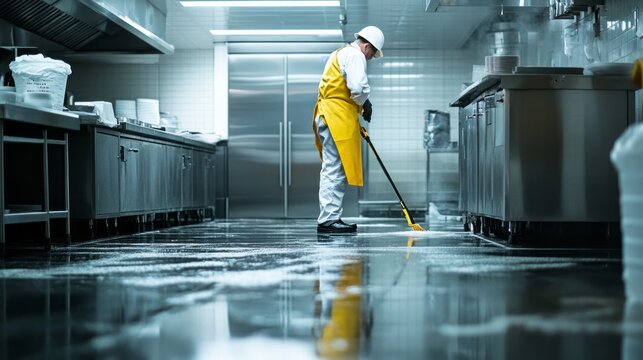 A man in a yellow apron is mopping a floor in a restaurant