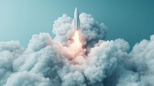 A space rocket ascends through a thick cloud layer, with fiery thrust and smoke trailing behind, symbolizing ambition and the human desire to push boundaries skyward.