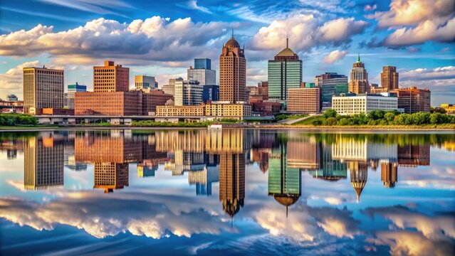 Symmetrical City Reflection: Quad cities, urban cityscape, mirrored reflection, architectural symmetry, modern buildings