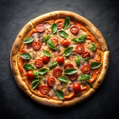 Tasty pizza with fresh ingredients on a black background