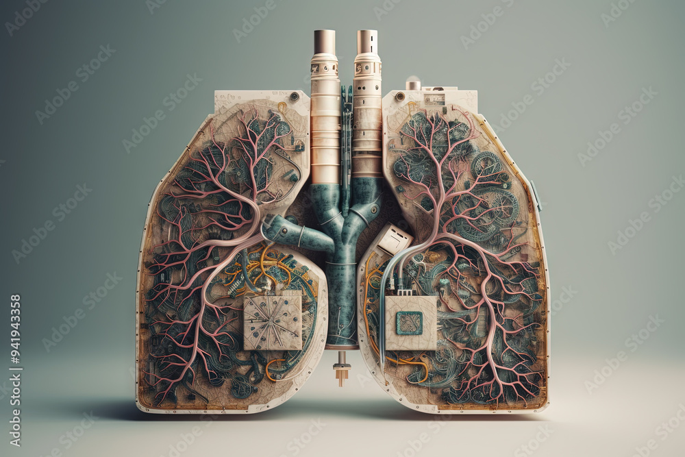 Poster Artificial implant science concept with technological AI lungs on the circuit board.