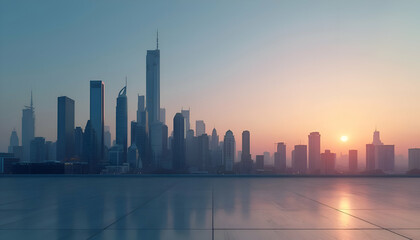 Obraz premium A minimalist urban cityscape at dawn, featuring tall skyscrapers with a modern design