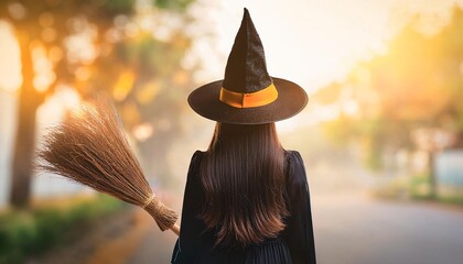 Witch with a broom. Back view of Young girl in witch costume with broom.
