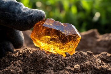 An ancient piece of amber discovered in an archaeological dig, partially buried in the earth, with hints of the past visible within its depths