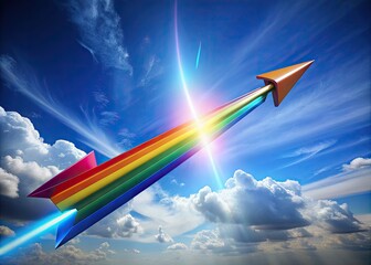Naklejka premium Technicolor Sharpshooter: Rainbow-hued arrow in flight, vibrant colors, playful technical style.