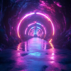 Obraz premium Futuristic Neon Corridor with Glowing Arches and Reflective Tiles