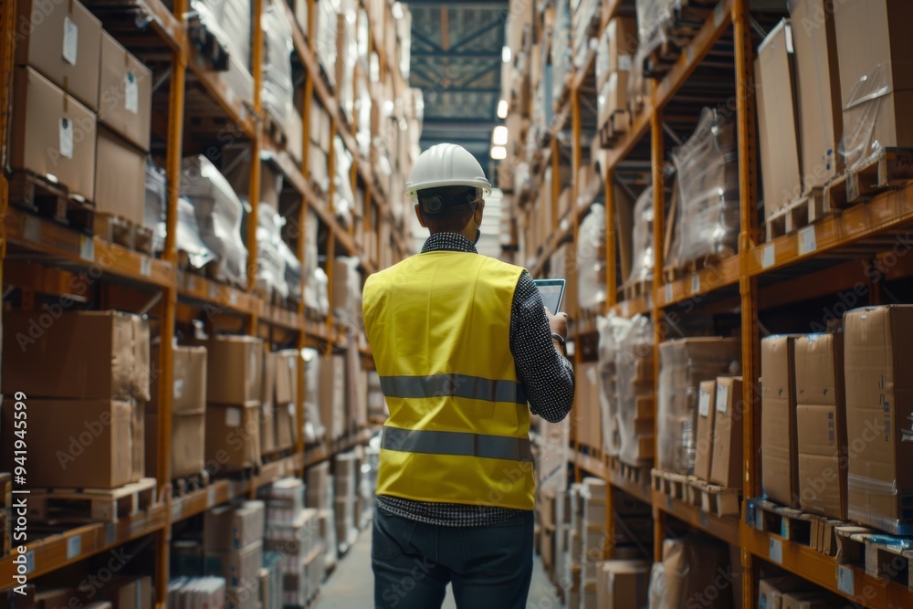 Poster an employee in a warehouse is wearing safety gear while using a tablet to inspect inventory in a lar