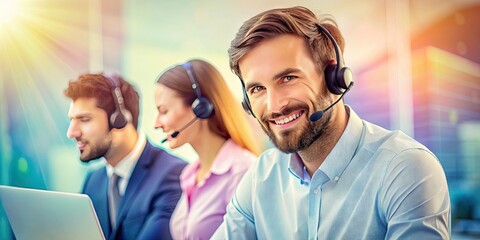 Tech Support Specialist: Man with headset, providing customer assistance, professional setting, friendly demeanor, pastel colors, organized background.