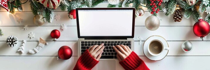 Hands in red sleeves are engaged in typing on a laptop surrounded by Christmas decorations, creating a warm and cozy holidaythemed workspace with ornaments, tinsel, and a cup of hot coffee