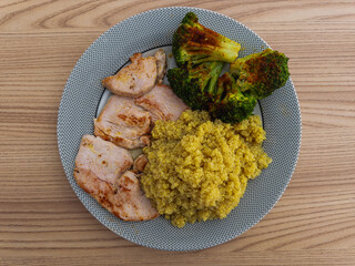 A healthy meal featuring grilled chicken breast, roasted broccoli, and quinoa, captured from above. Served on a black-and-white dotted plate on a wooden table, this dish presents a balanced and nutrit